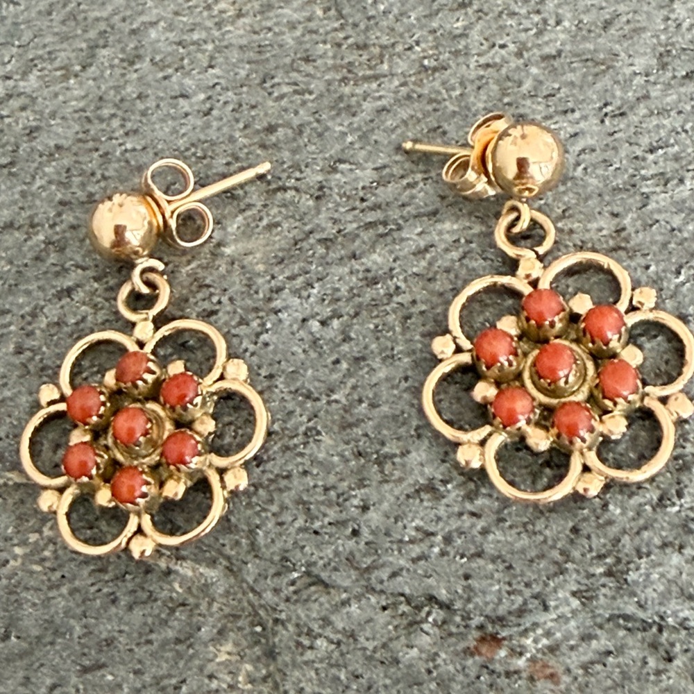 Vintage Zuni Native American Handcrafted 14K Red Coral Earrings - Picture 3 of 15